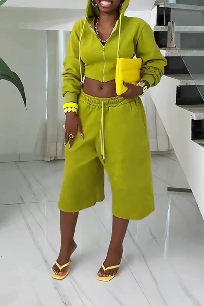 Women Hooded Short Jacket + Pants Casual Set