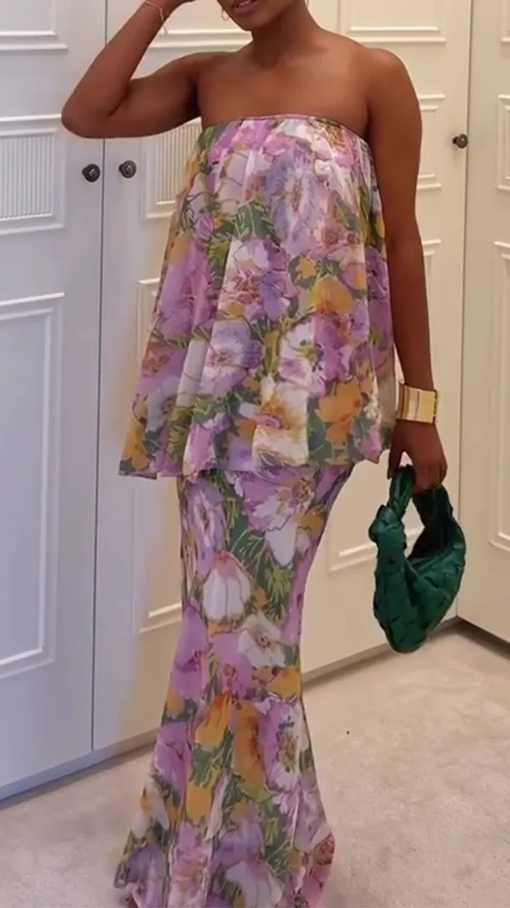 Women Strapless Printed Top + Half Skirt Vacation Casual Style Set