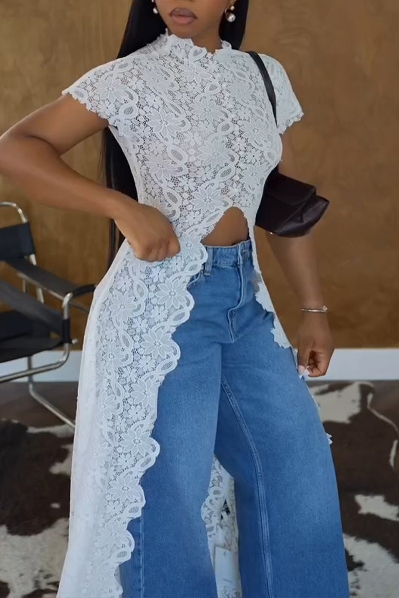 Women's Elegant Lace Short Sleeve High-Low Top