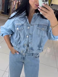 Women Collar Jacket+ Pants Casual Denim Suit