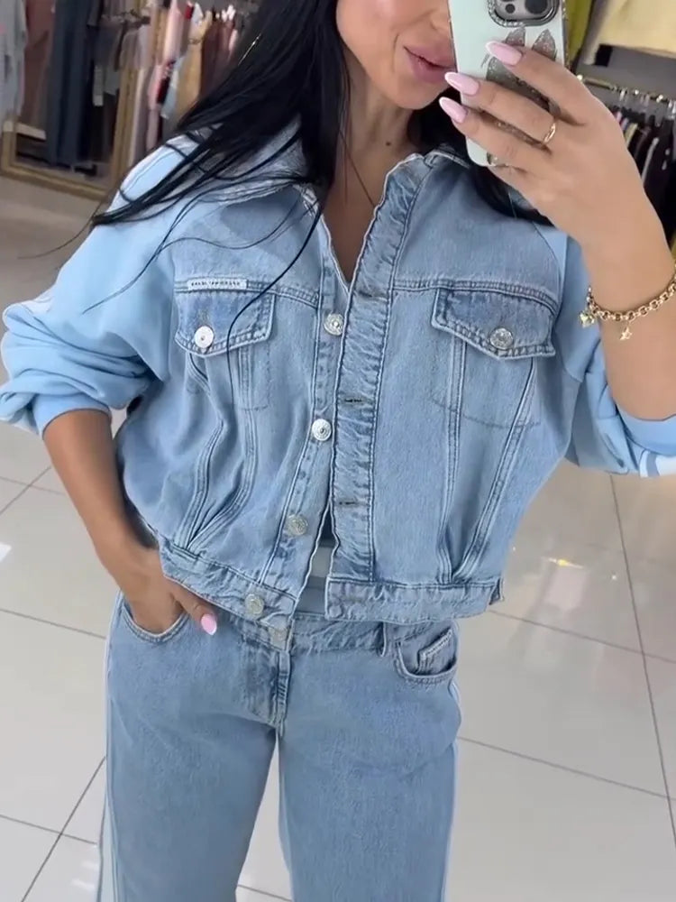 Women Collar Jacket+ Pants Casual Denim Suit