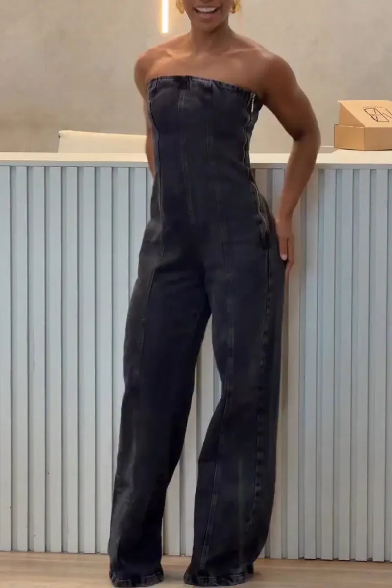 Women Strapless Patchwork Style Casual Denim Jumpsuit