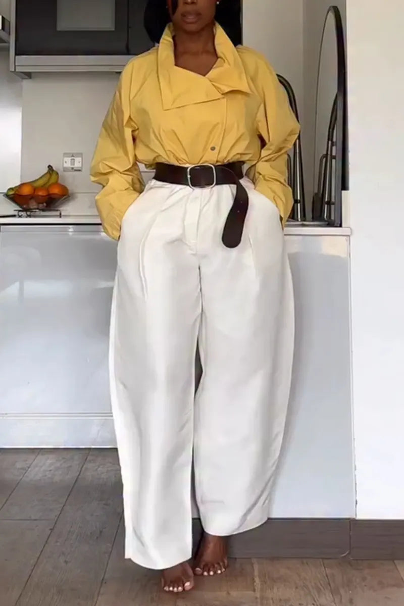 Women Collar Style Casual Jacket or Wide Leg Pants