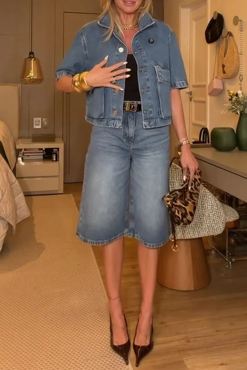 Women's Collar Short Sleeved Denim Jacket or Washed Denim Shorts