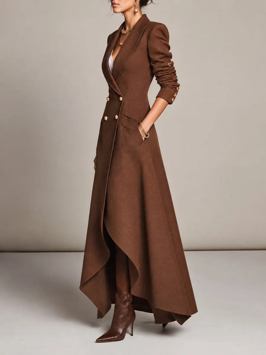 Women's Brown Double-Breasted Gold Buttons Blazer Maxi Dress With Asymmetric Hem