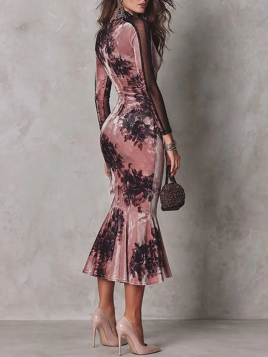 Elegant Dusty Pink Floral Print Velvet Mock Neck Long Sleeve Mesh Panel Mermaid Midi Dress