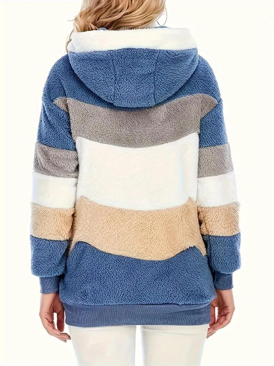 Women's Hooded Contrasting Color Casual Plush Coat