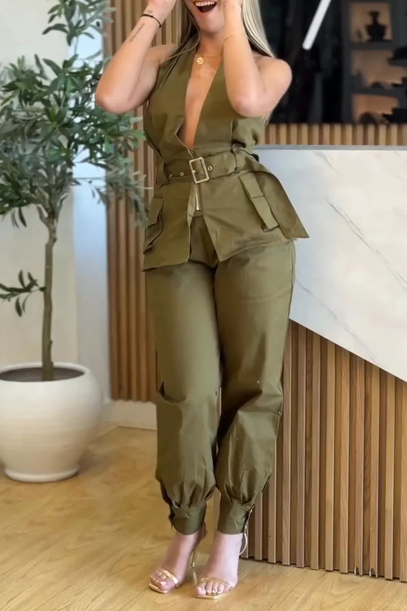 Women Neck and Waist Cinching Top+ Pants Casual Suit
