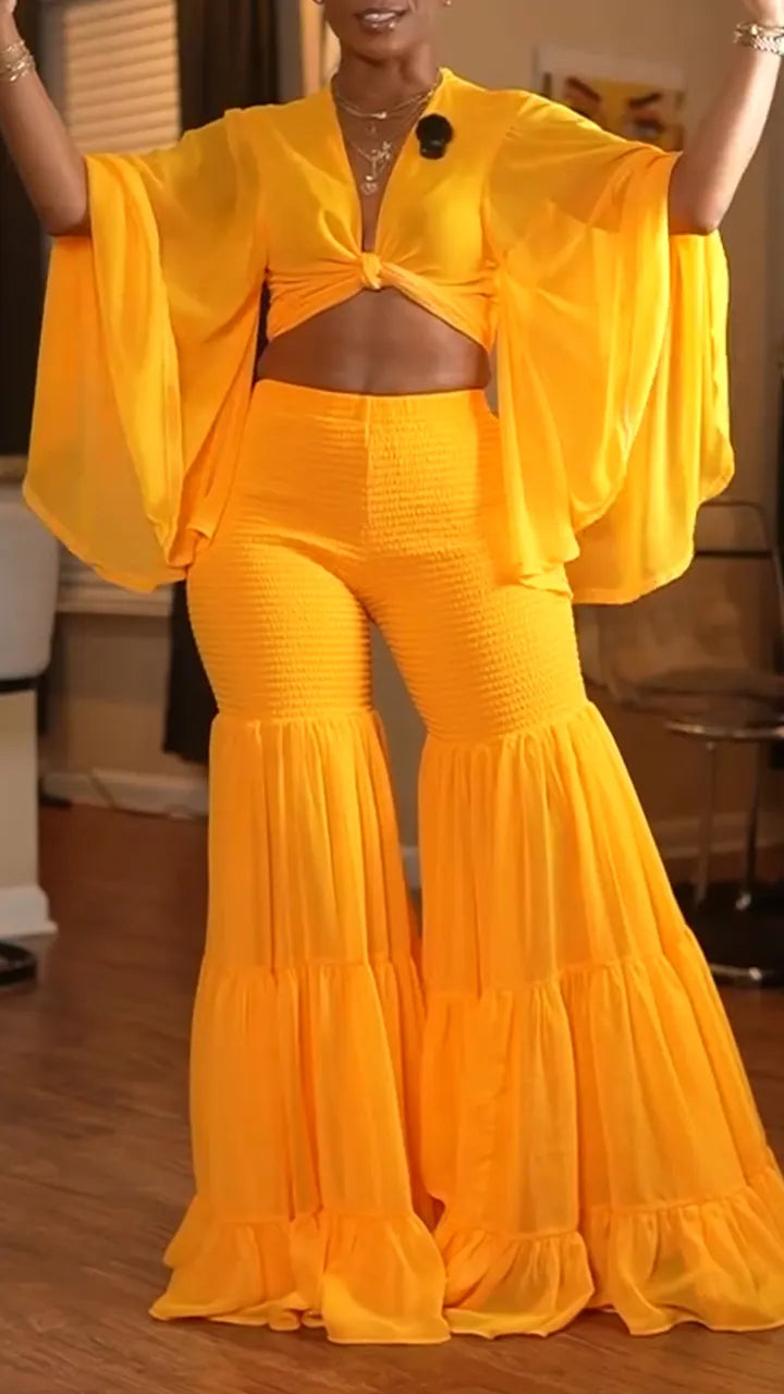 Women V-neck Flared Sleeve Top + Patchwork Wide Leg Pants Solid Color Vacation Casual Set