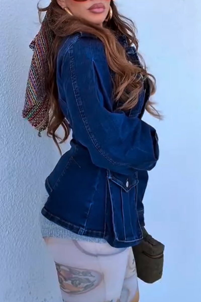 Women's Round Neck Buckle Splicing Waist Cinching Casual Denim Jacket