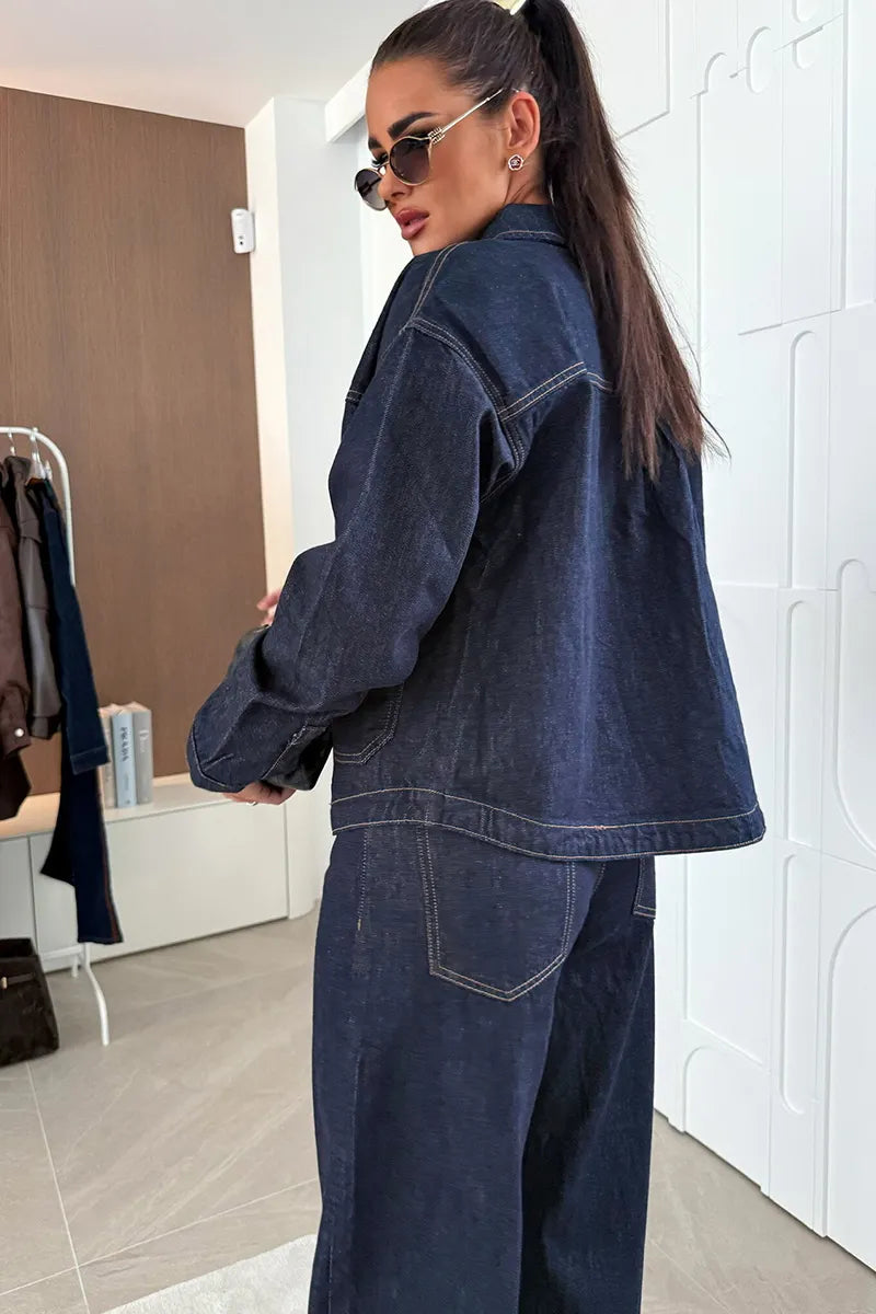 Women's Edgy Streetwear Dark Blue Denim Jacket