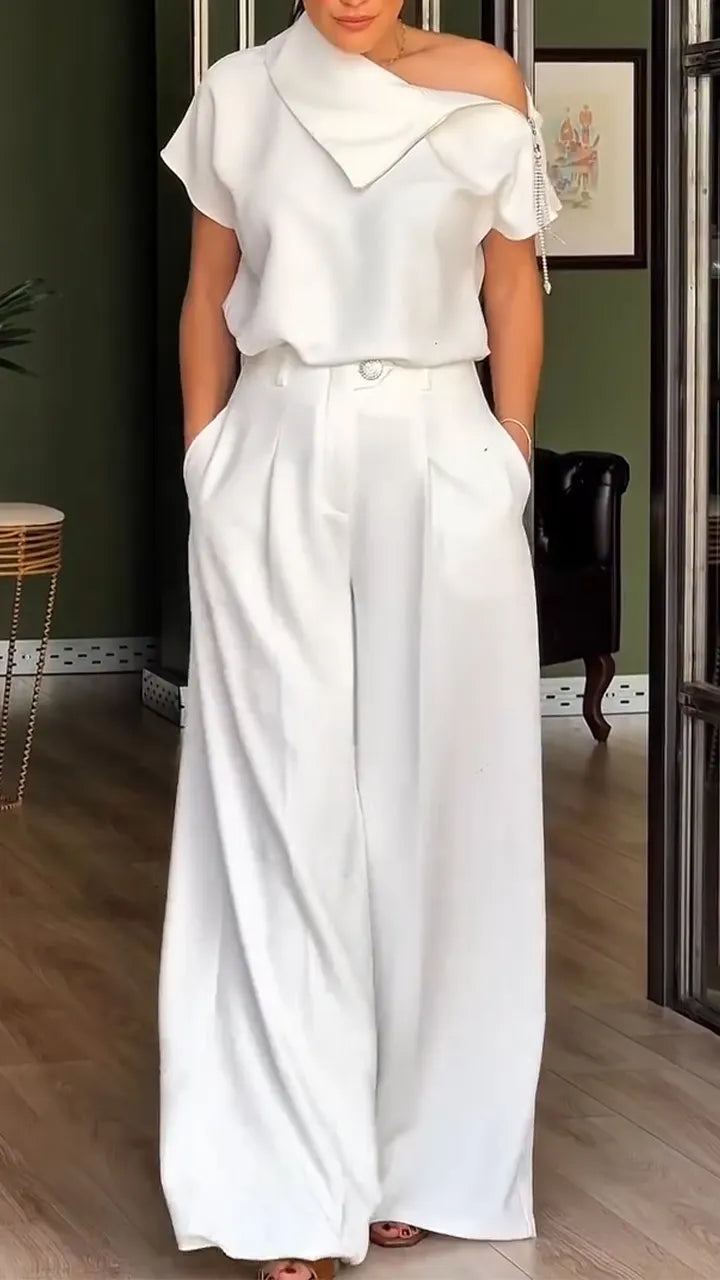 Women Collar Zipper Tassel Top + Wide Leg Pants Casual Set with Temperament