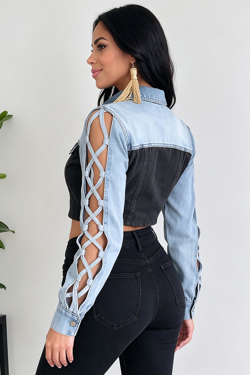 Women's Chic Color Block Cutout Lattice Sleeve Light Blue Denim Jacket