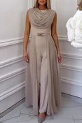 Women Round Neck Patchwork Sleeveless Elegant Temperament Jumpsuit