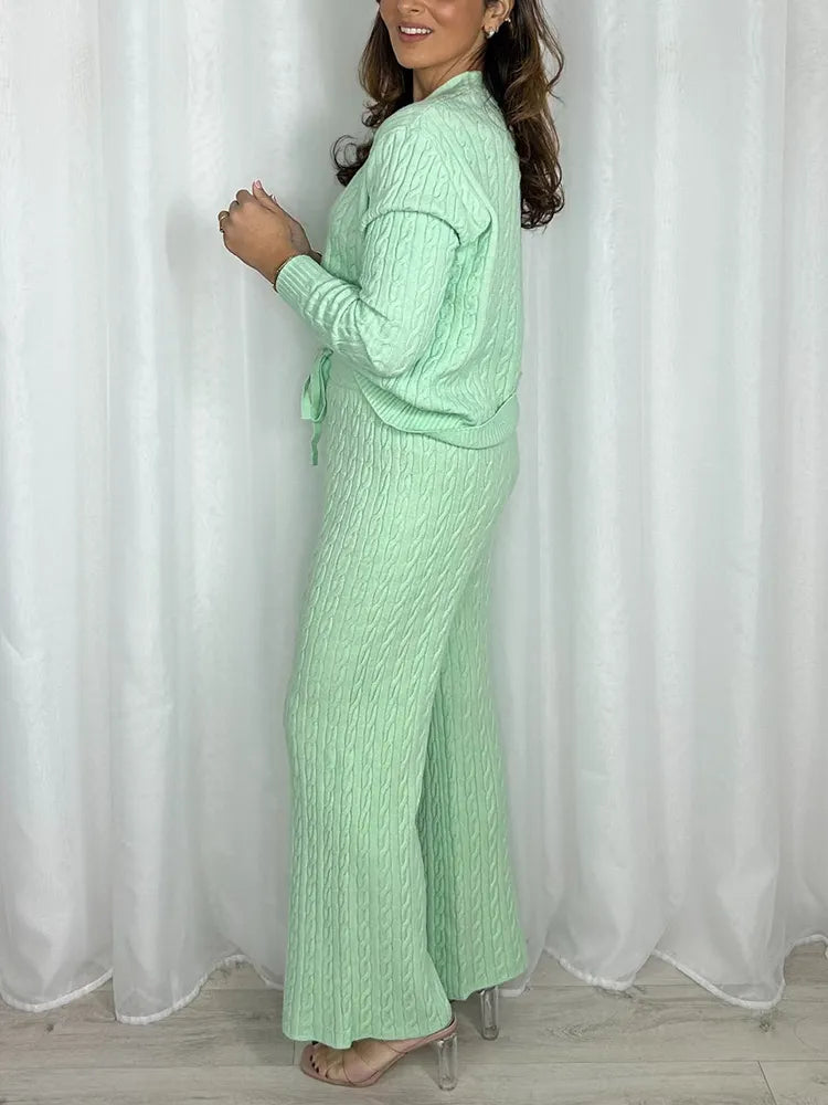 Women Round Neck Woven Solid Color Casual Suit