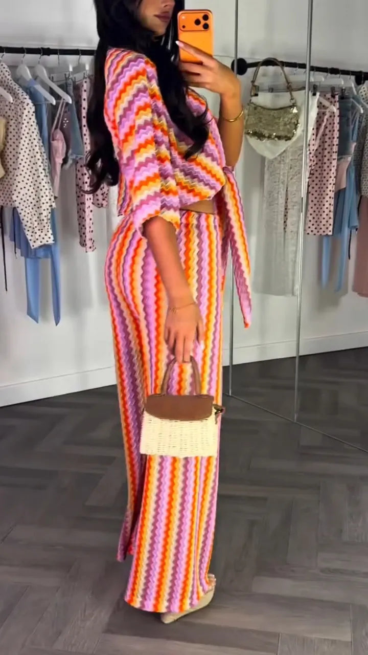 Women Colorful Wavy Cardigan + Pants Casual Set