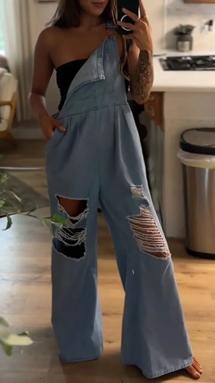Ladies Shoulder Straps with Holes for Casual Wear Denim Jumpsuit