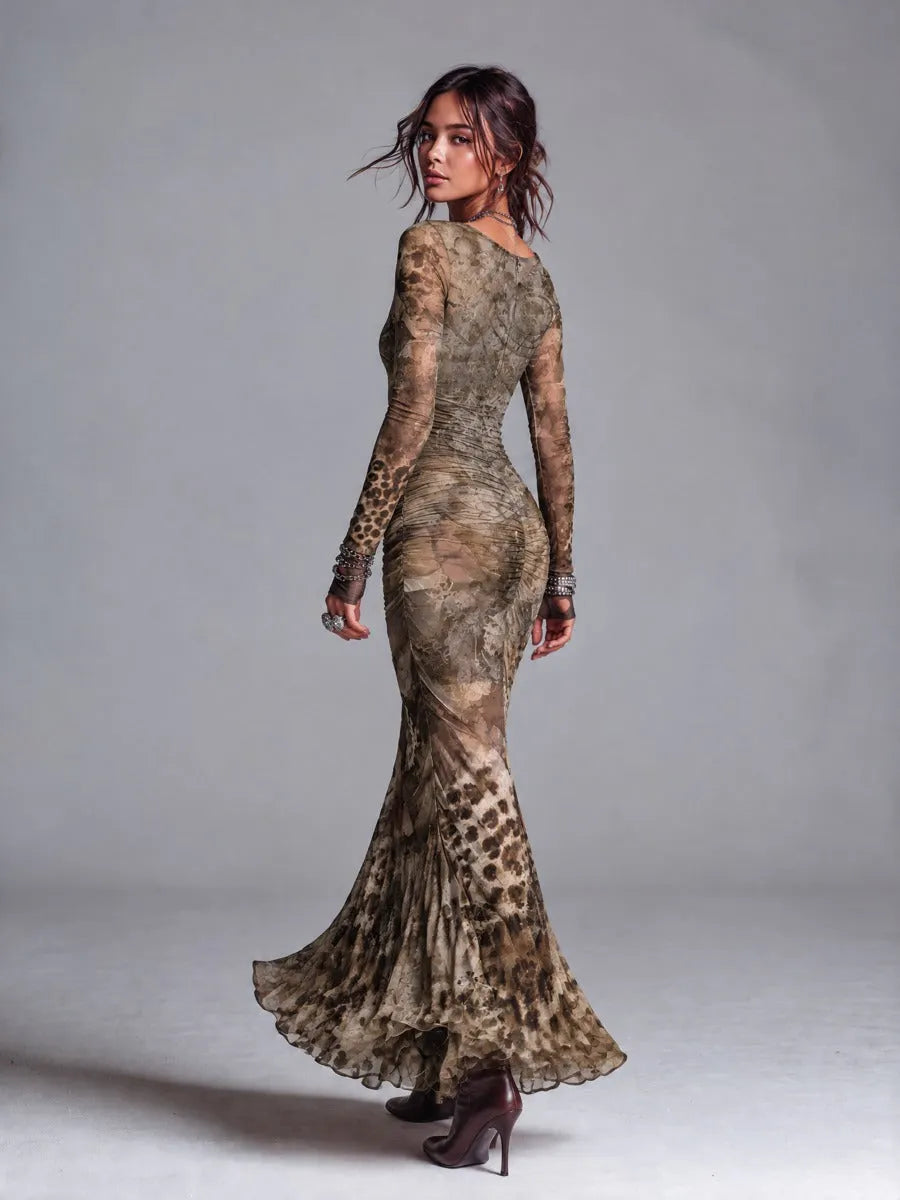 Women's Khaki Vintage Leopard Print Long Sleeve V-Neck Ruched Mermaid Maxi Dress