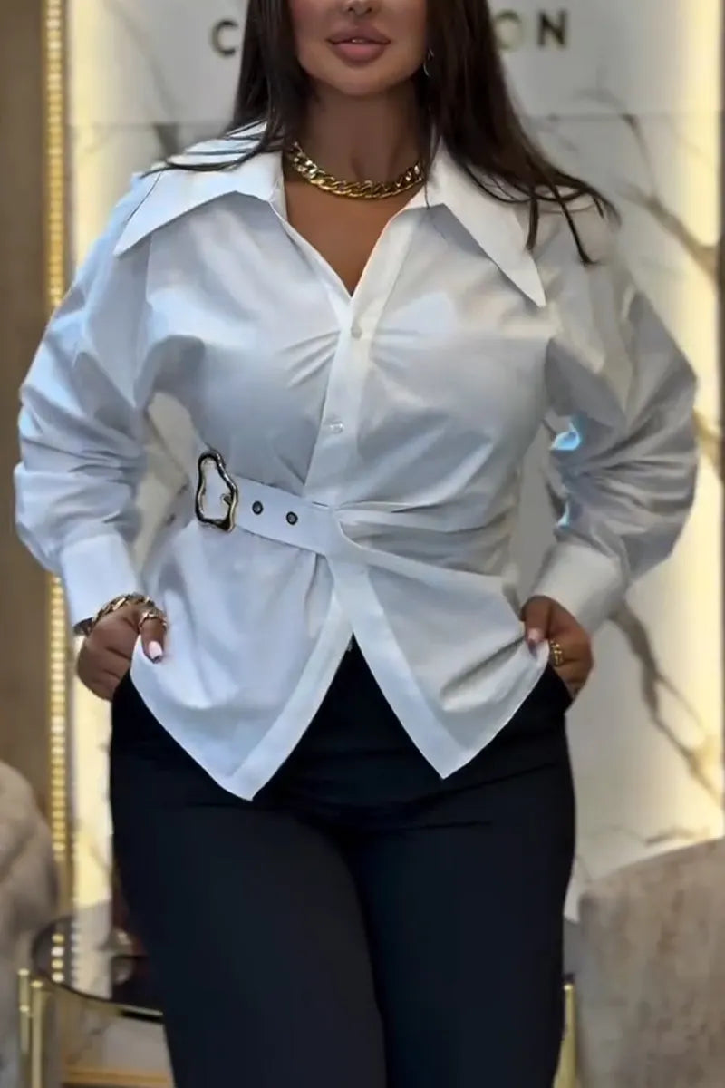 Women's Collar and Waist Cinched Elegant Casual Shirt
