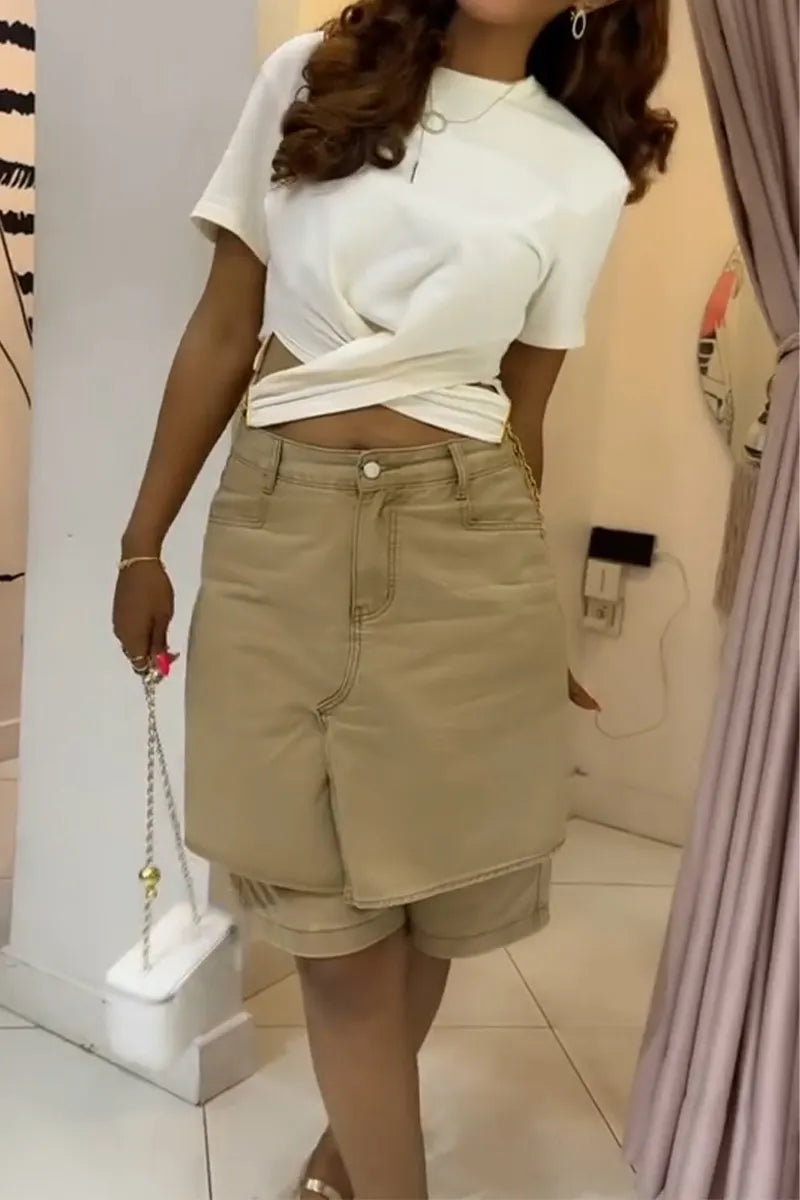 Women Casual Round Neck Hollow Out Short Sleeved or Spliced Denim Shorts