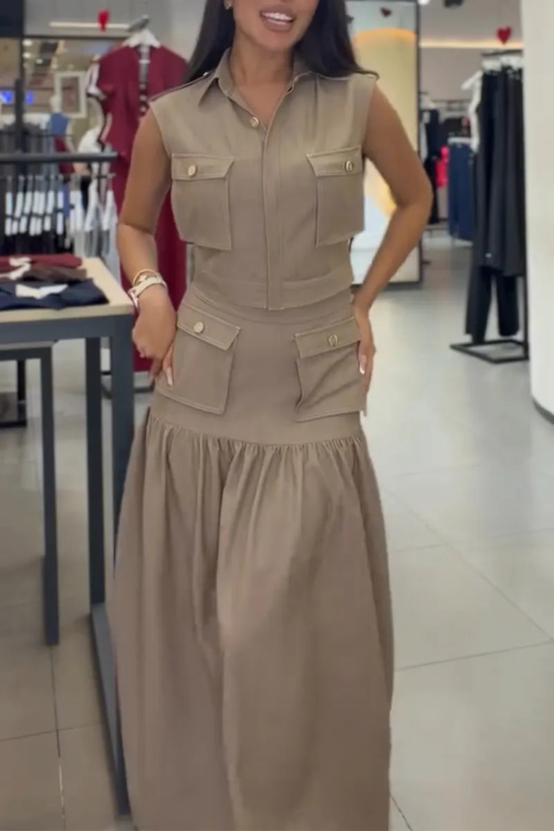 Women Collar Top+ Patchwork Skirt Casual Set