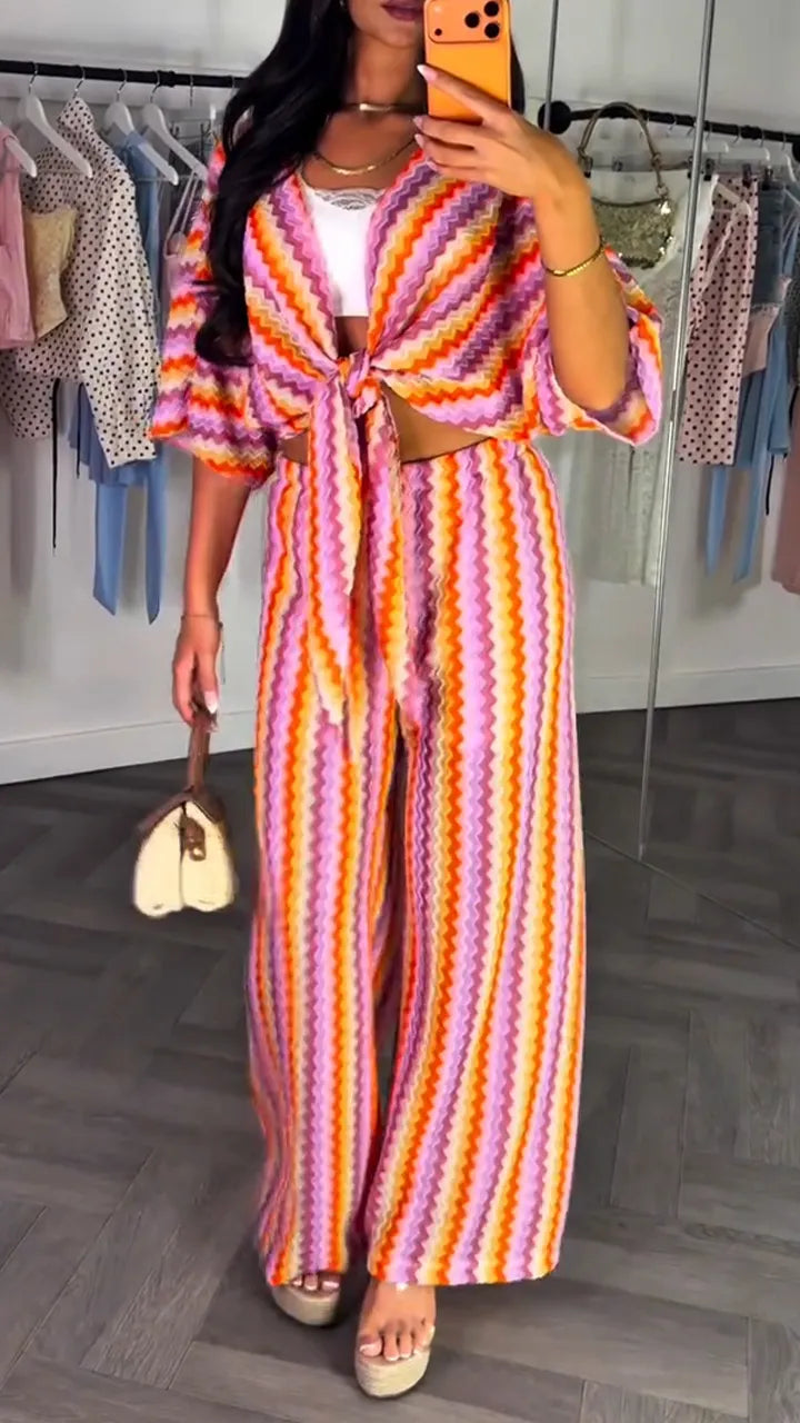 Women Colorful Wavy Cardigan + Pants Casual Set
