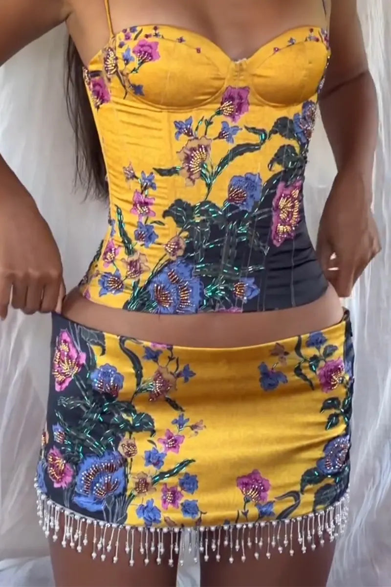Women Suspender Printed Top+ Patchwork Tassel Half Skirt Elegant Temperament Set