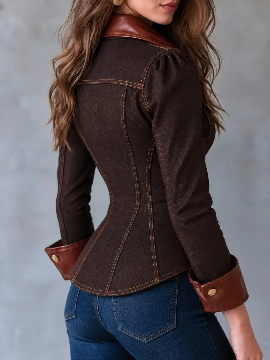 70s Retro Western Denim Hourglass Shirt Jacket With Faux Leather Cuff And Lapel