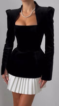 Women Square Neck Velvet Top+ Pleated Half Skirt Elegant Temperament Set