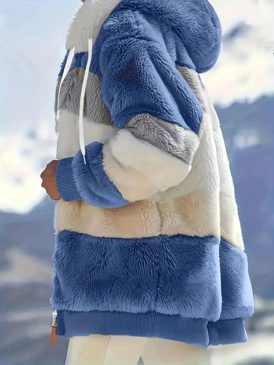 Women's Hooded Contrasting Color Casual Plush Coat