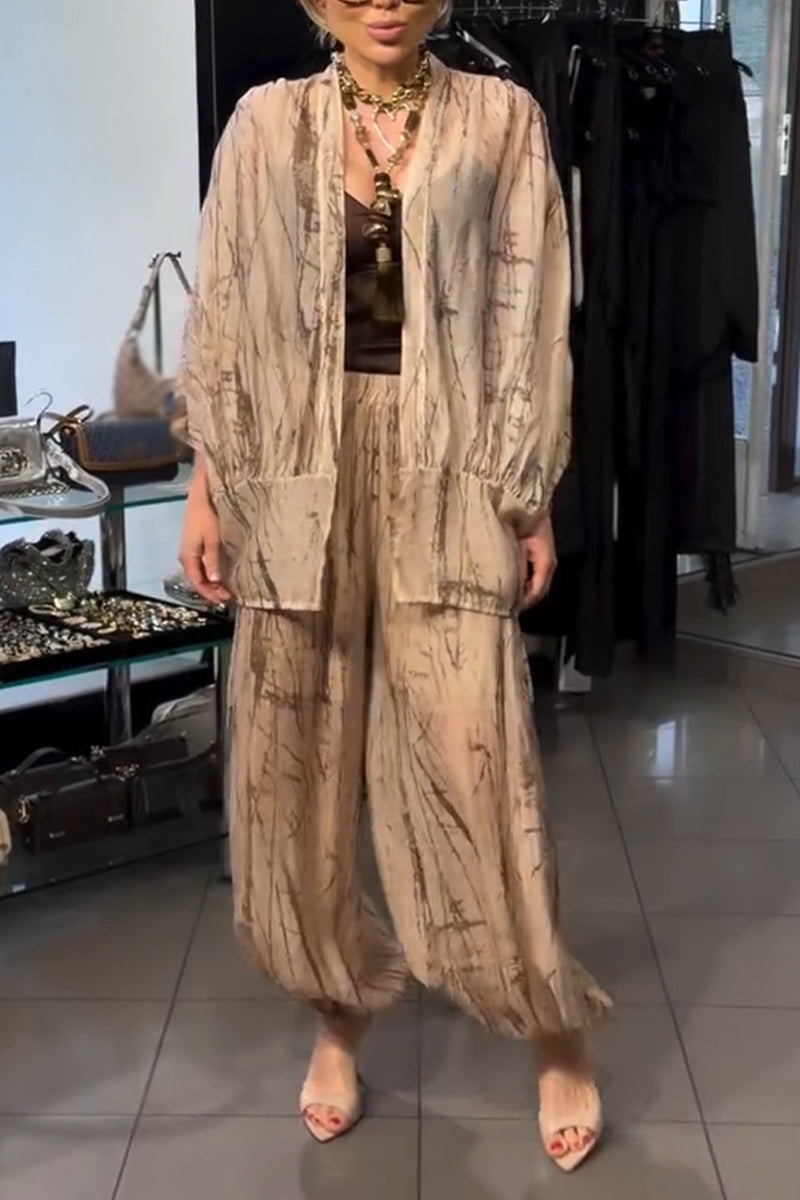 Women Printed Cardigan + Lantern Pants Loose Casual Set