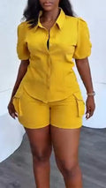 Women Collar Top + Shorts Solid Color Casual Suit