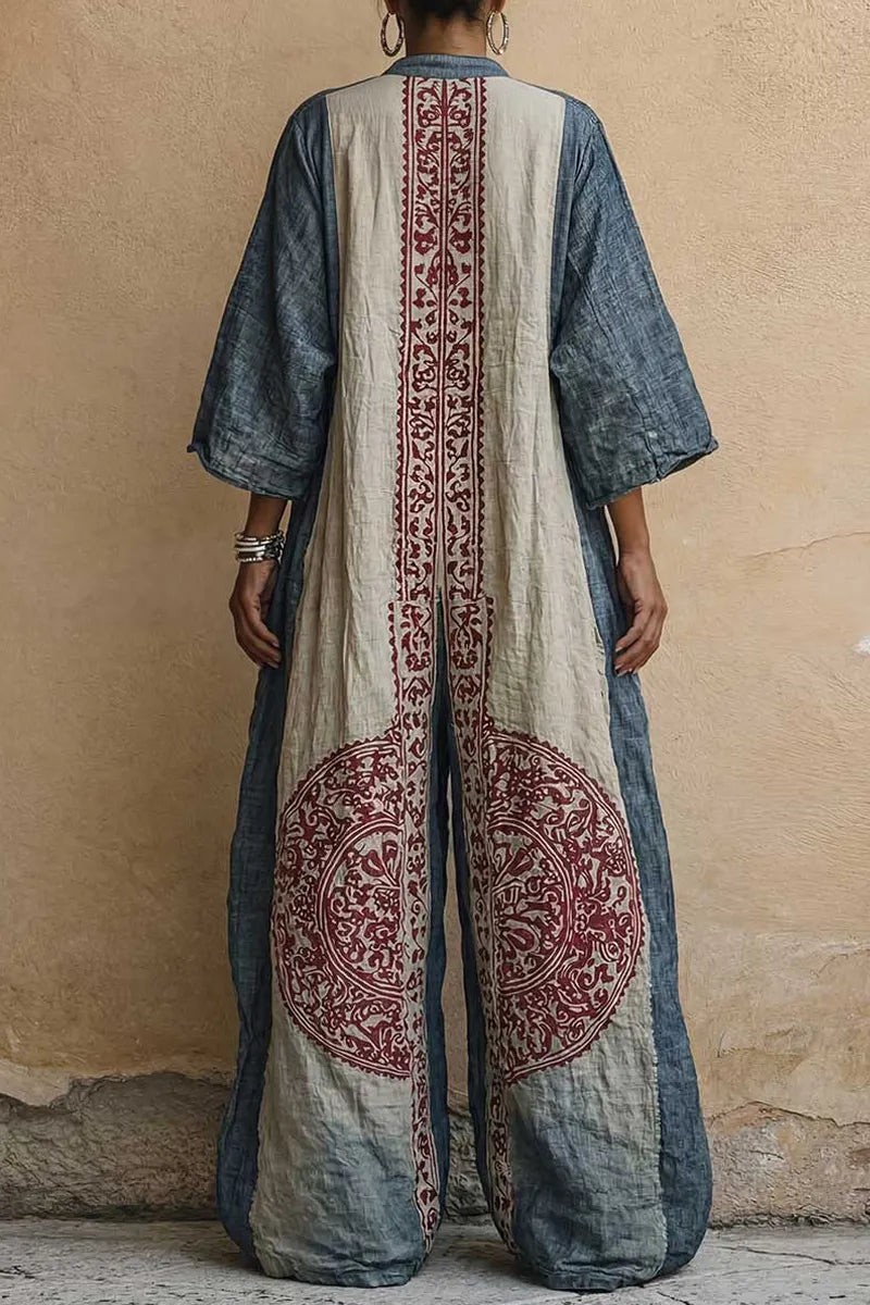 Ladies' Elegant Retro Printed V-Neck 3/4 Sleeve Cotton And Linen Jumpsuit