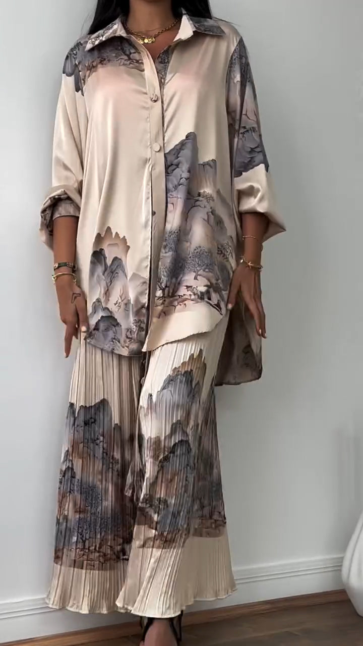 Ladies' Collar Printed Top+ Pleated Pants Casual Set