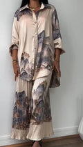 Ladies' Collar Printed Top+ Pleated Pants Casual Set