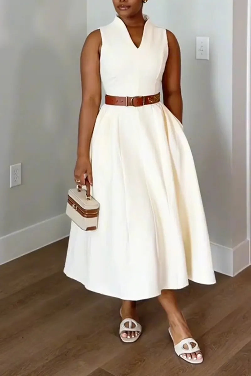 Women V-neck Waist Cinched Solid Color Dress+ Shawl Elegant Temperament Set