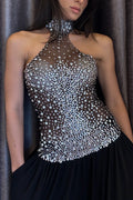 Women's Fashion Rhinestone Mesh Stretch Sheer Vest