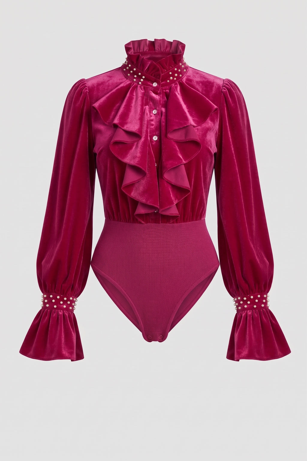 Women's Victorian Ruffle Velvet Blouse Long Bell Sleeve Button Down Shirt Mock Neck Pearl Cuff Party Evening Cocktail Tops
