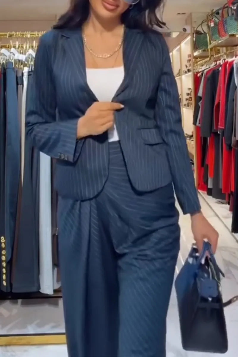 Women Collar Vertical Patterned Jacket + Pants Temperament Commuting Formal Suit