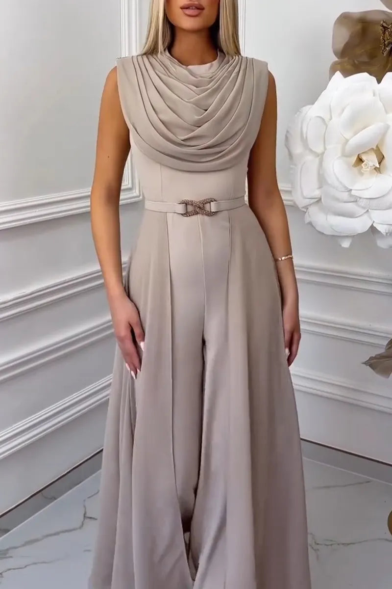 Women Round Neck Patchwork Sleeveless Elegant Temperament Jumpsuit