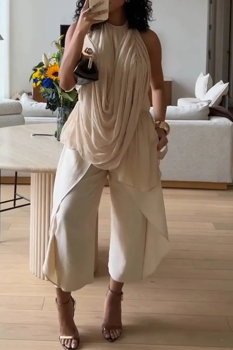 Women Round Neck Casual Irregular Top or Spliced Wide Leg Pants