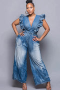 Ladies' Business And Leisure Blue V-Neck Ruffle Sleeve Wrinkled Pocket Cowboy Jumpsuit