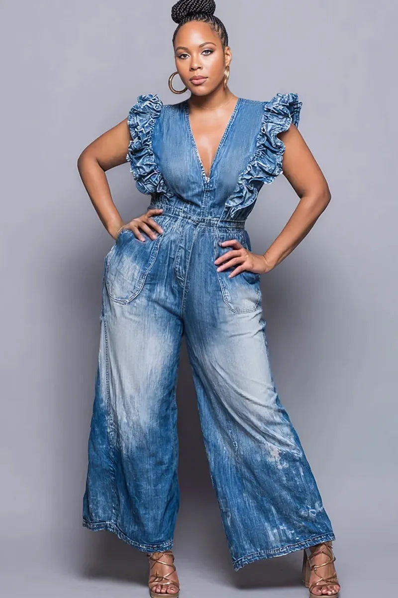 Ladies' Business And Leisure Blue V-Neck Ruffle Sleeve Wrinkled Pocket Cowboy Jumpsuit