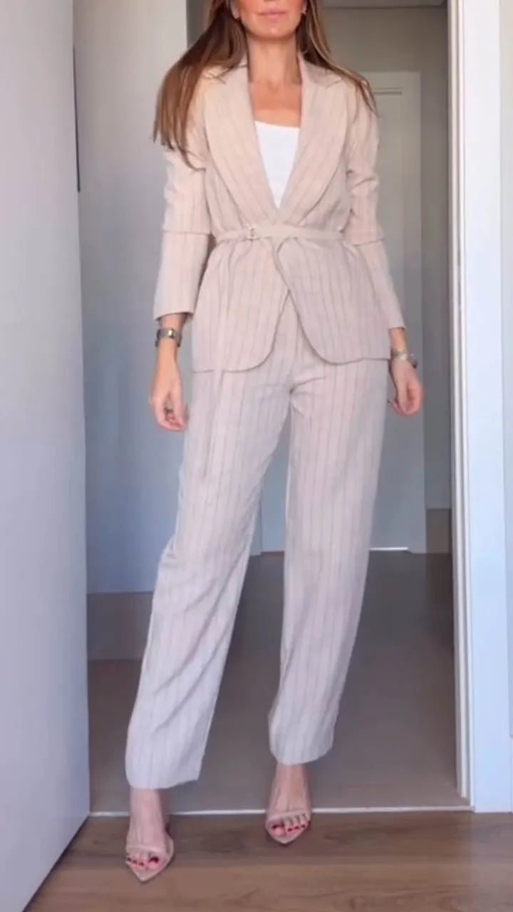 Women Collar Vertical Stripe Jacket+ Pants Temperament Commuting Suit