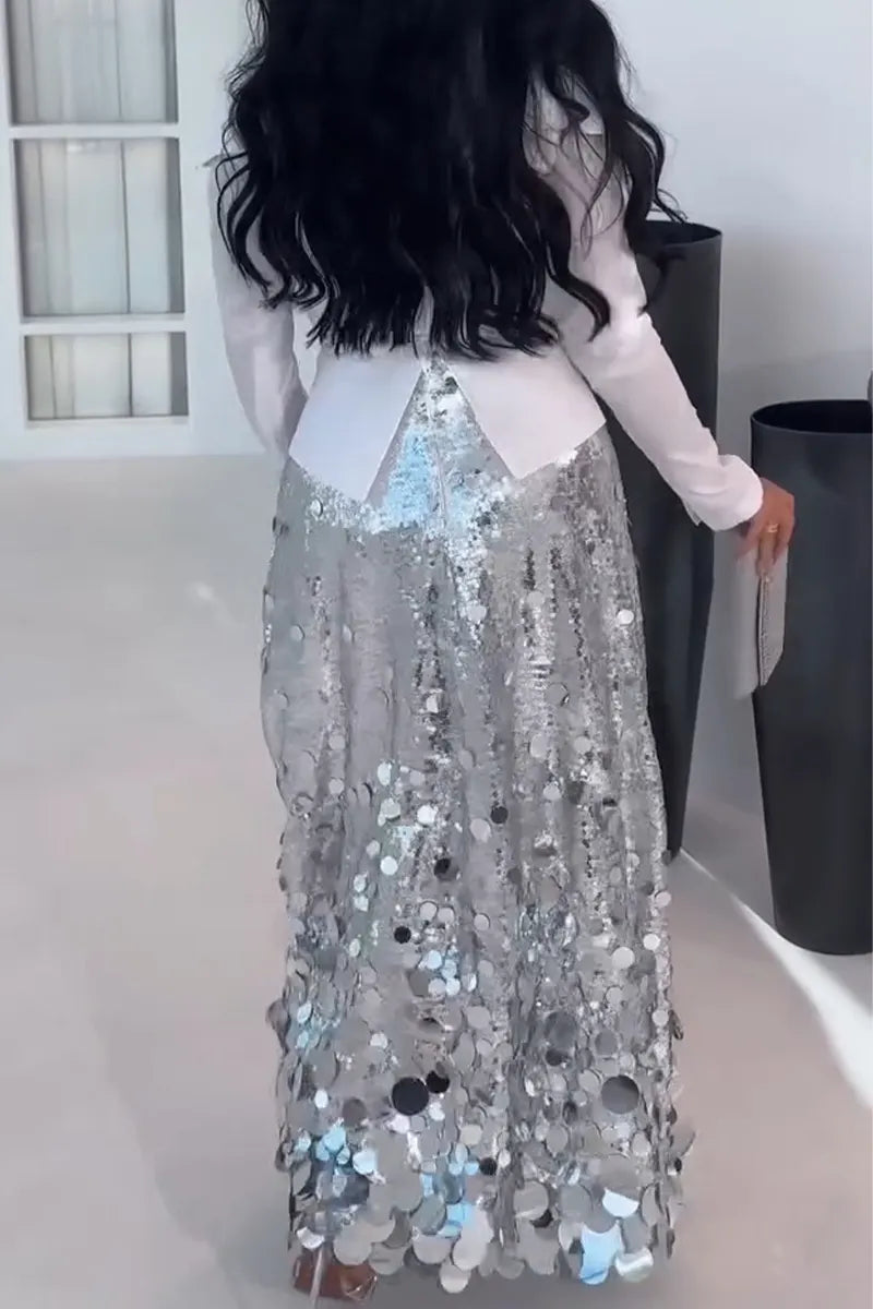 Women Elegant Temperament Patchwork Shirt or Sequined Skirt