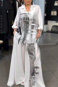 Women Collar Printed Shirt + Wide Leg Pants Loose Casual Suit