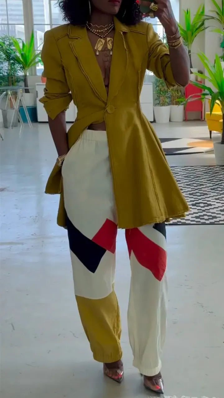 Women Collar Patchwork Jacket + Contrasting Pants