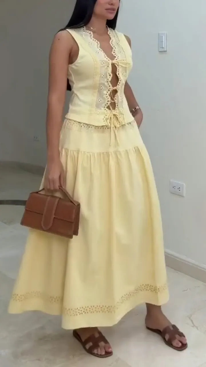 Women V-neck Lace-up Top + Skirt Elegant Casual Set