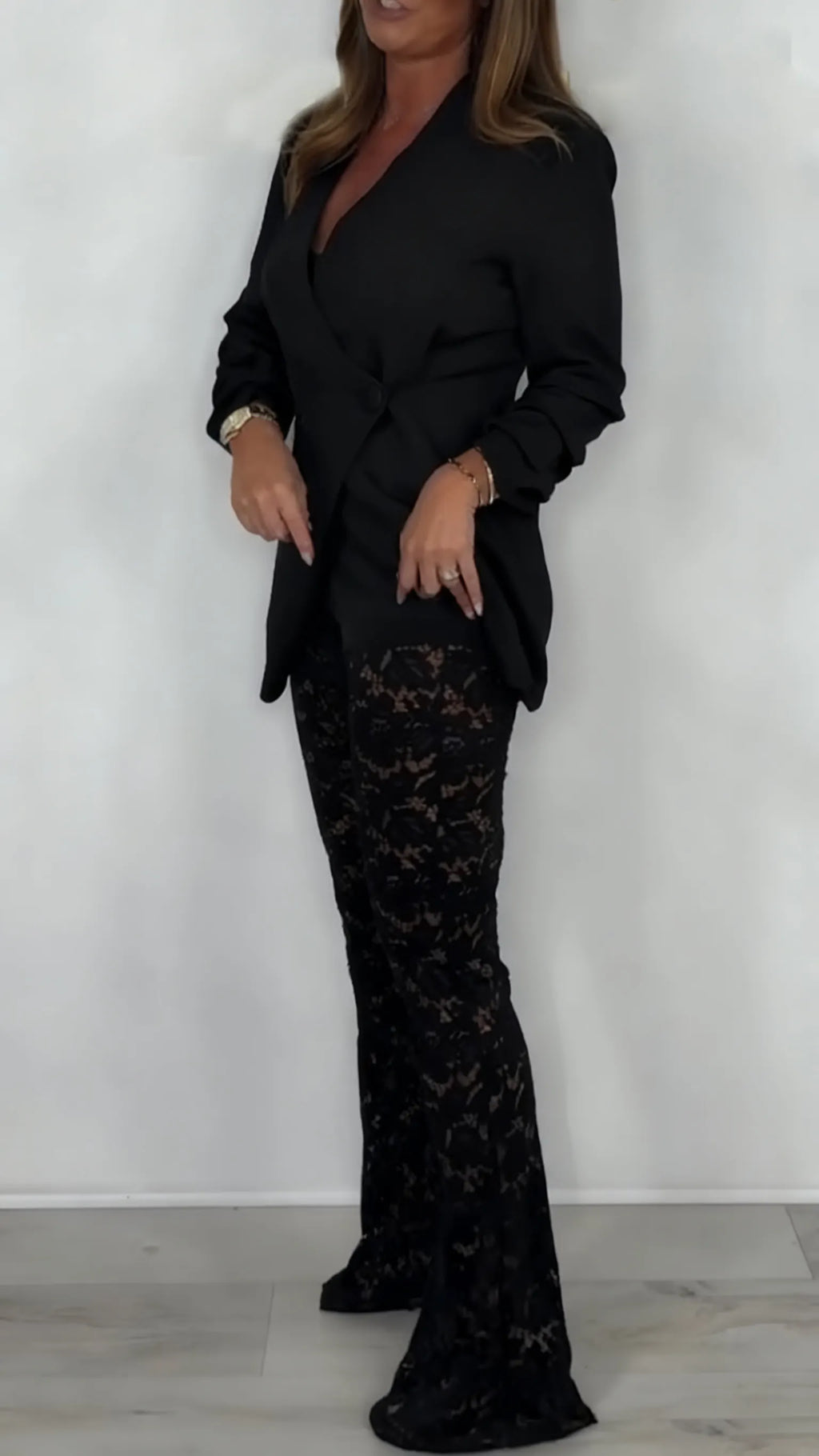 Women Irregular Jacket+ Printed Hollow Lace Pants Temperament Commuting Set