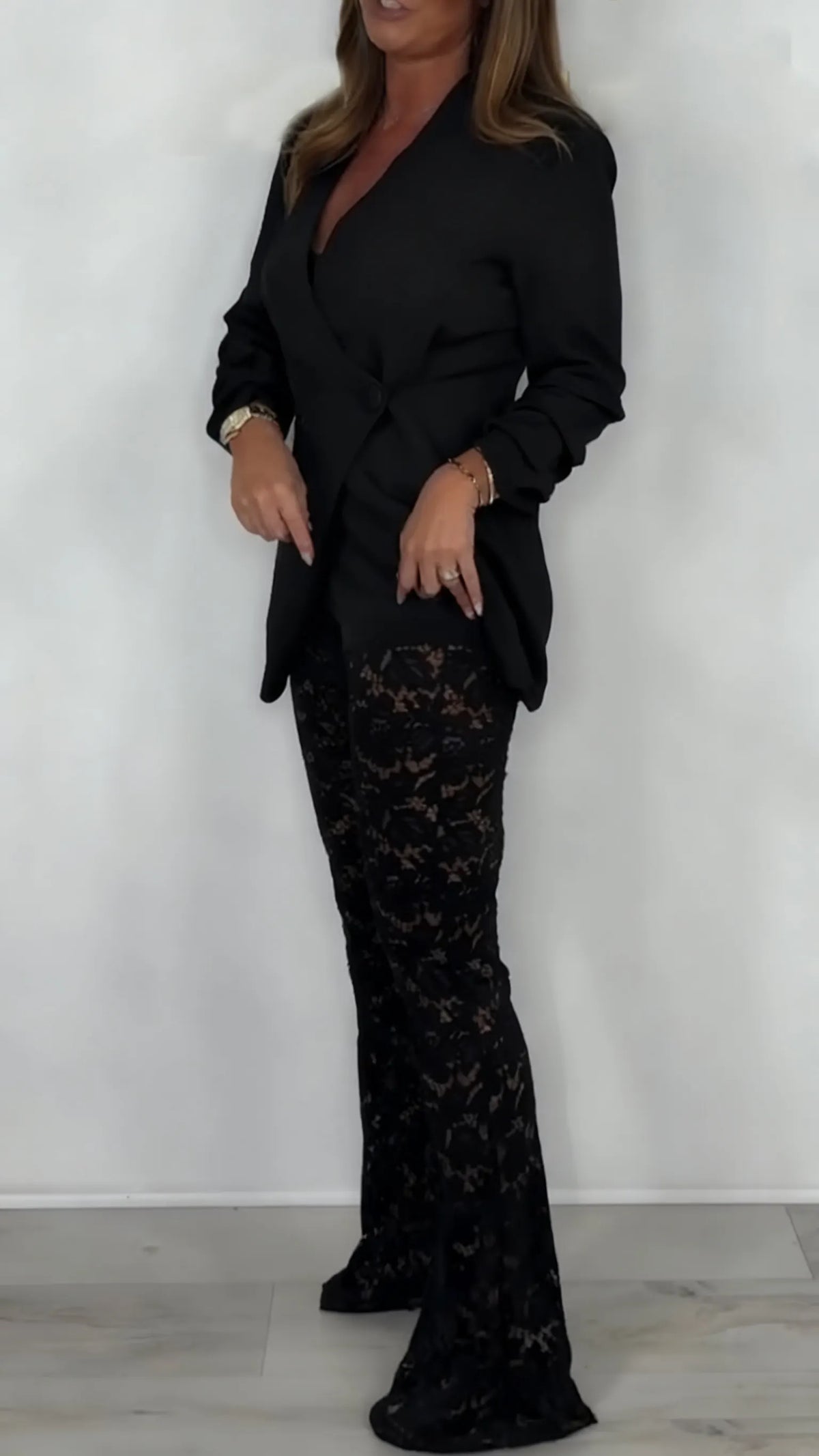 Women Irregular Jacket+ Printed Hollow Lace Pants Temperament Commuting Set